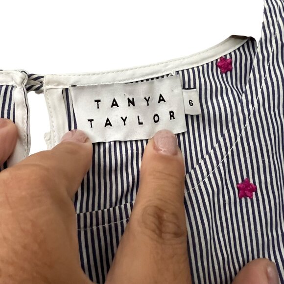 Tanya Taylor Blue Striped Pink Embroidered Stars Bell Sleeve Blouse Size Small - Picture 5 of 5